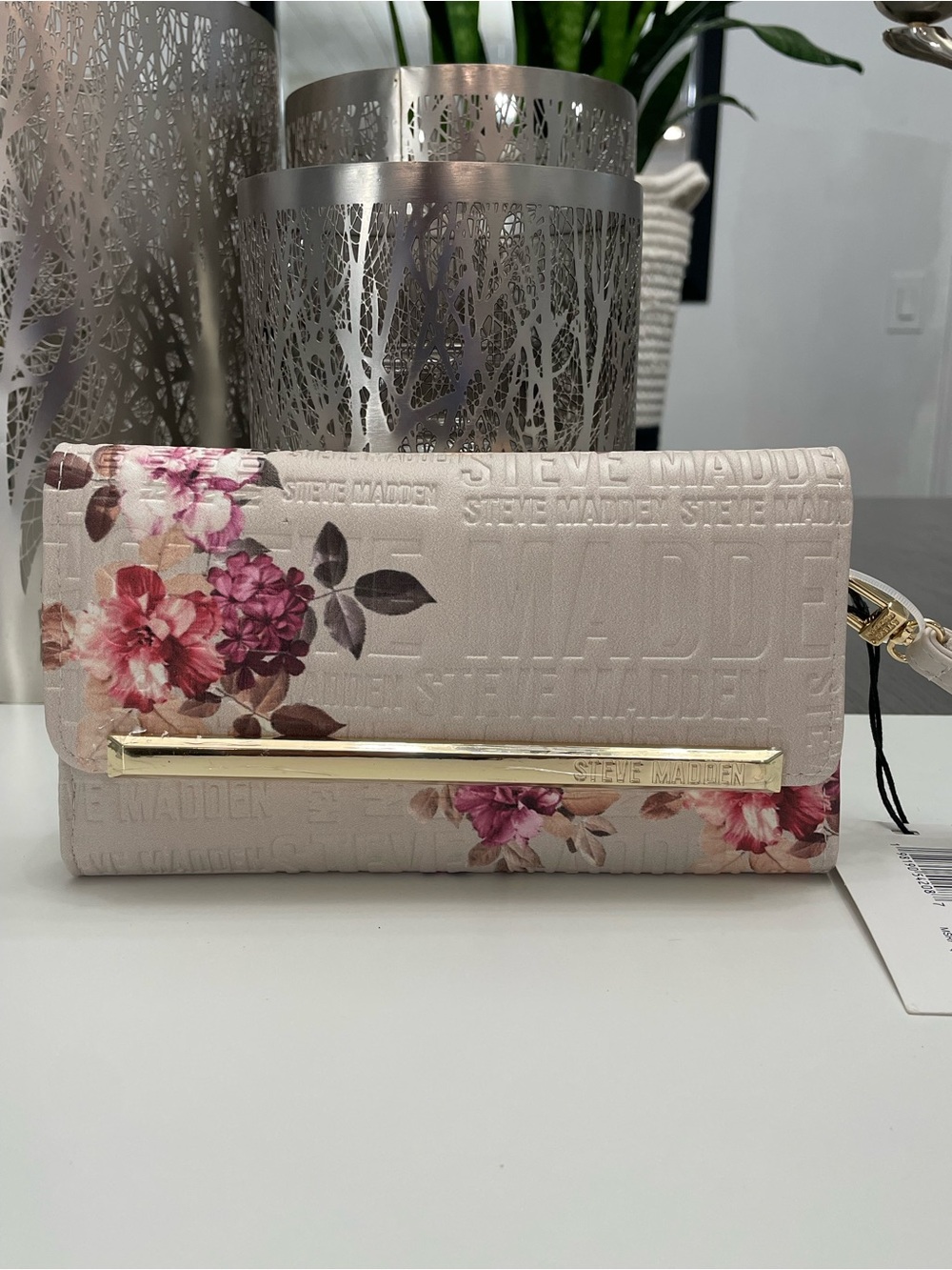 Steve Madden Cream Floral Embossed Clutch with Gold Accent